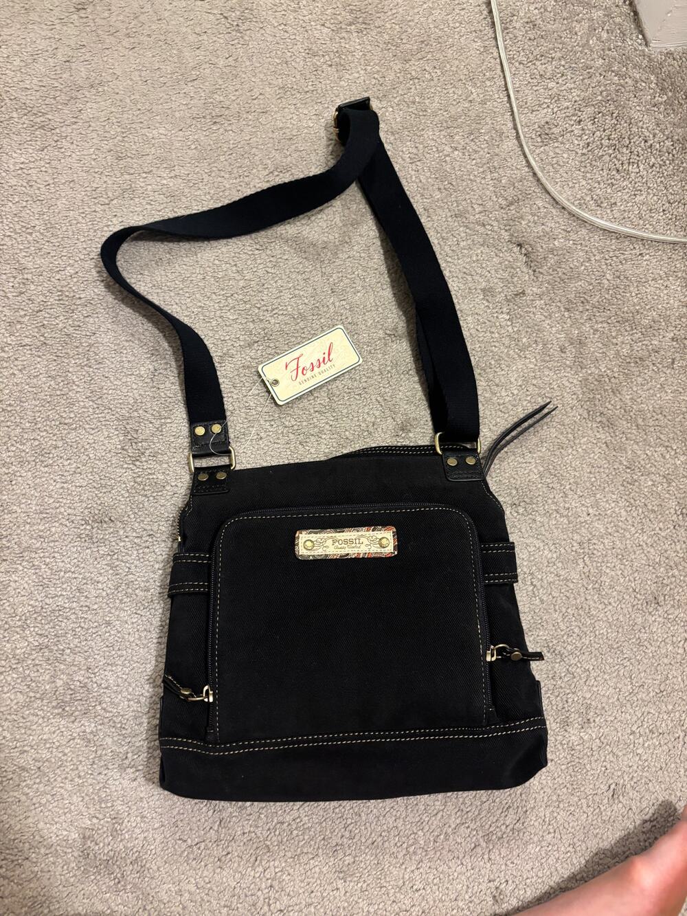 Fossil Scottsdale Organizer Crossbody Bag Black Canvas Leather Trim NWT